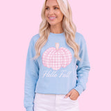 Hello Fall Pink Gingham Pumpkin Garment-Dyed Sweatshirt | Cozy Autumn Pullover