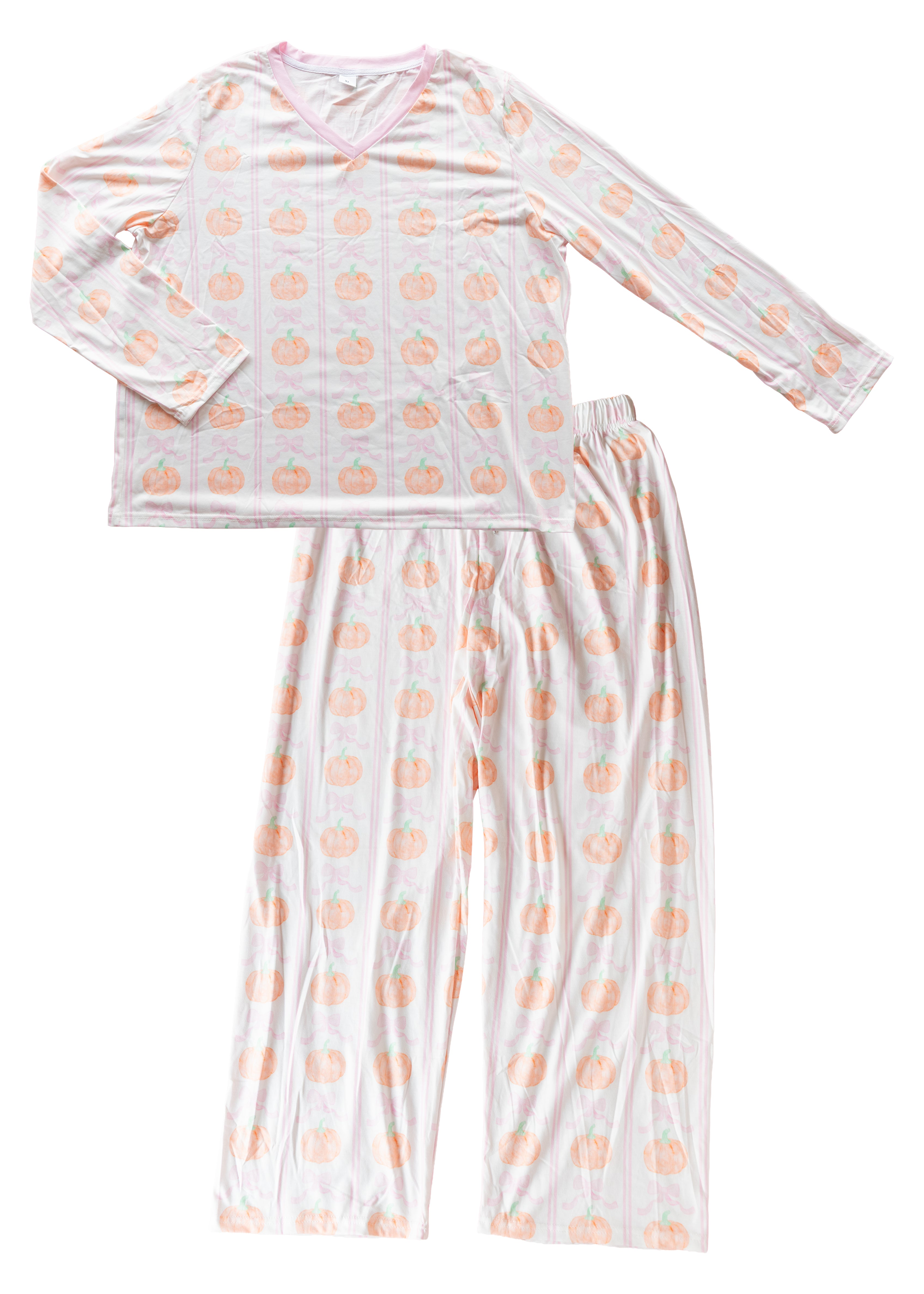 Pumpkin Bow Women's V-Neck Long Sleeve Pajama Set | Soft Faux Cotton Lounge Set with Pockets