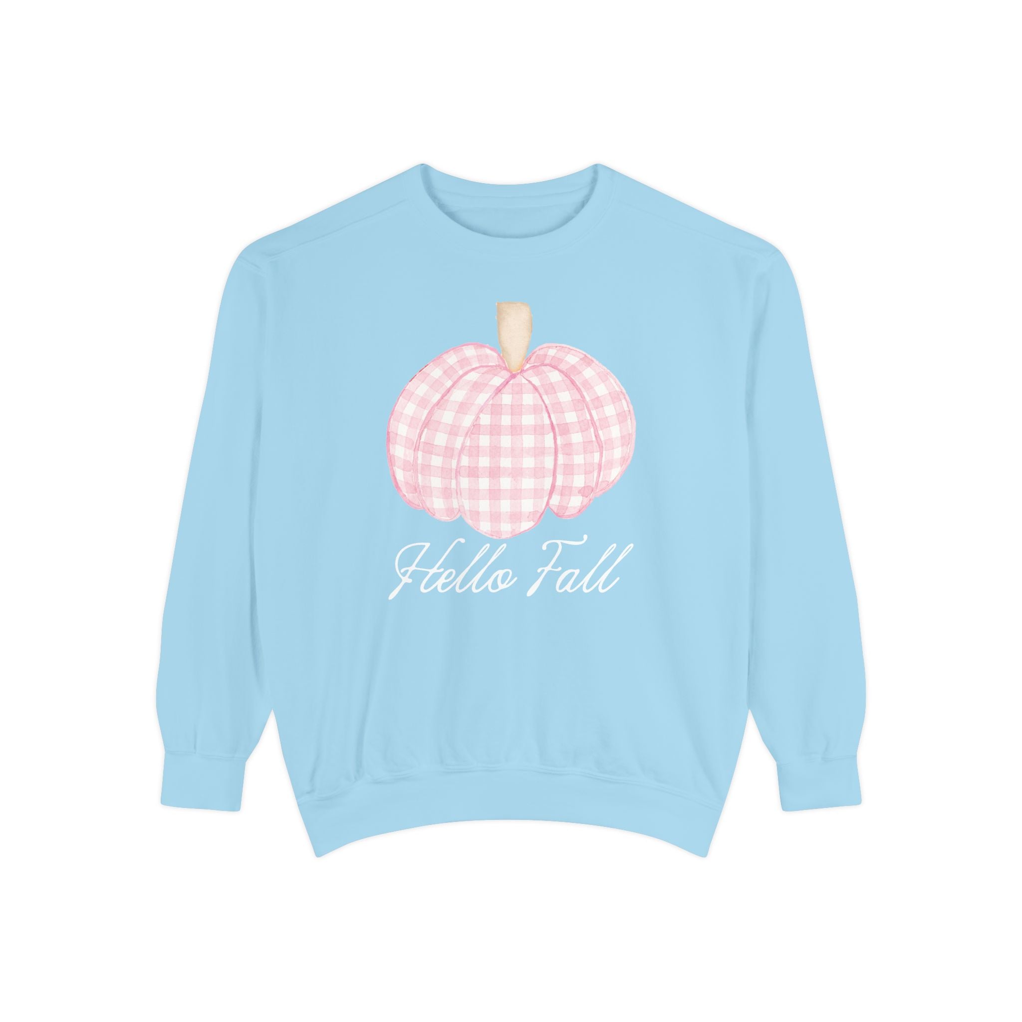 Hello Fall Pink Gingham Pumpkin Garment-Dyed Sweatshirt | Cozy Autumn Pullover