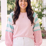 Pastel Patchwork Colorblock Raglan Pullover | Pink & Mint Striped Balloon Sleeve Top