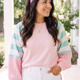 Pastel Patchwork Colorblock Raglan Pullover | Pink & Mint Striped Balloon Sleeve Top