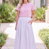 Pastel Bow & Tulip High-Waisted Pleated Midi Skirt with Pockets