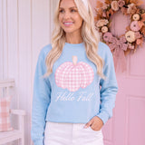 Hello Fall Pink Gingham Pumpkin Garment-Dyed Sweatshirt | Cozy Autumn Pullover