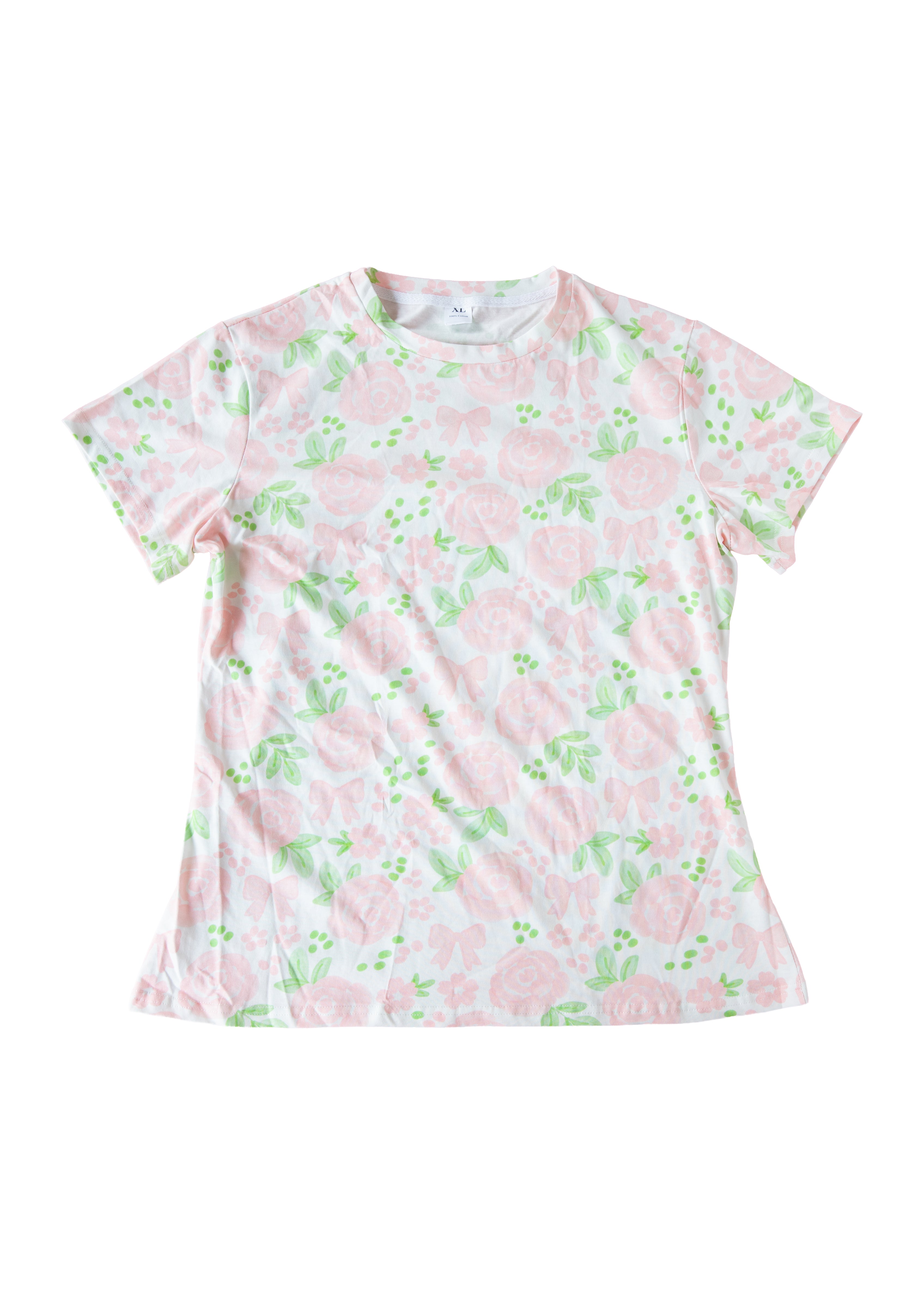 Pink Rose & Bow Floral Cotton T-Shirt | 190GSM Cotton