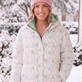 Women's Floral Long Down Puffer Coat | Pink & Mint Winter Jacket