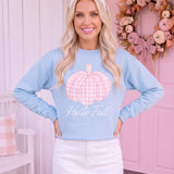 Hello Fall Pink Gingham Pumpkin Garment-Dyed Sweatshirt | Cozy Autumn Pullover
