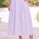 Pastel Bow & Tulip High-Waisted Pleated Midi Skirt with Pockets