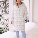 Women's Floral Long Down Puffer Coat | Pink & Mint Winter Jacket