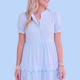 Blue Stripe Scallop Tiered Maxi Dress | Feminine Puff Sleeve Dress