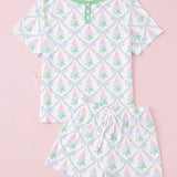 Pastel Christmas Tree Women's Short Pajama Set | Soft Lounge & Sleep Set