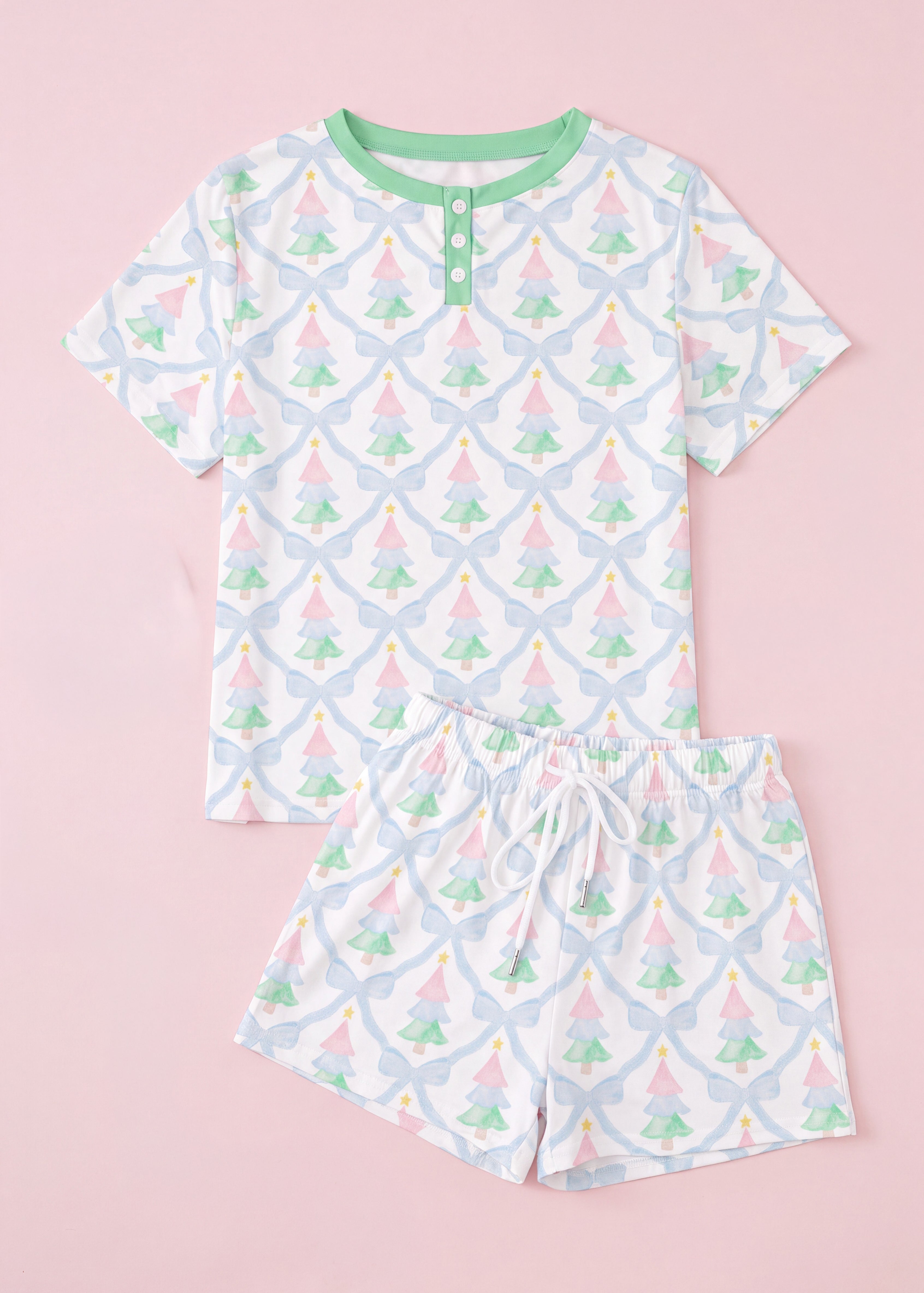 Pastel Christmas Tree Women's Short Pajama Set | Soft Lounge & Sleep Set