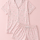 White Rose & Pearl Bow Satin Pajama Set | Women's Pink Button-Up Short Sleeve Sleepwear