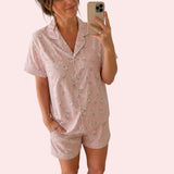 White Rose & Pearl Bow Satin Pajama Set | Women's Pink Button-Up Short Sleeve Sleepwear