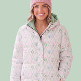 Women's Floral Long Down Puffer Coat | Pink & Mint Winter Jacket