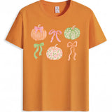 Pastel Pumpkin & Bow Graphic Tee | 100% Cotton Fall T-Shirt