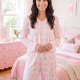Pumpkin Bow Women's V-Neck Long Sleeve Pajama Set | Soft Faux Cotton Lounge Set with Pockets