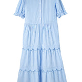 Blue Stripe Scallop Tiered Maxi Dress | Feminine Puff Sleeve Dress