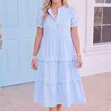 Blue Stripe Scallop Tiered Maxi Dress | Feminine Puff Sleeve Dress