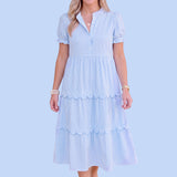 Blue Stripe Scallop Tiered Maxi Dress | Feminine Puff Sleeve Dress