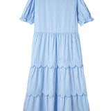 Blue Stripe Scallop Tiered Maxi Dress | Feminine Puff Sleeve Dress