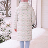 Women's Floral Long Down Puffer Coat | Pink & Mint Winter Jacket