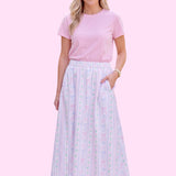 Pastel Bow & Tulip High-Waisted Pleated Midi Skirt with Pockets