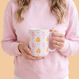 Pink Pumpkin & Bow Ceramic Mug – 15oz Fall Coffee Mug | Microwave & Dishwasher Safe | Made in USA