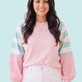 Pastel Patchwork Colorblock Raglan Pullover | Pink & Mint Striped Balloon Sleeve Top