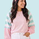 Pastel Patchwork Colorblock Raglan Pullover | Pink & Mint Striped Balloon Sleeve Top