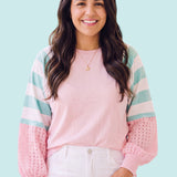 Pastel Patchwork Colorblock Raglan Pullover | Pink & Mint Striped Balloon Sleeve Top