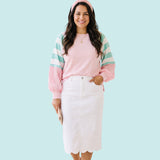 Pastel Patchwork Colorblock Raglan Pullover | Pink & Mint Striped Balloon Sleeve Top
