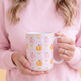 Pink Pumpkin & Bow Ceramic Mug – 15oz Fall Coffee Mug | Microwave & Dishwasher Safe | Made in USA