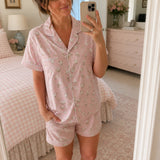 White Rose & Pearl Bow Satin Pajama Set | Women's Pink Button-Up Short Sleeve Sleepwear